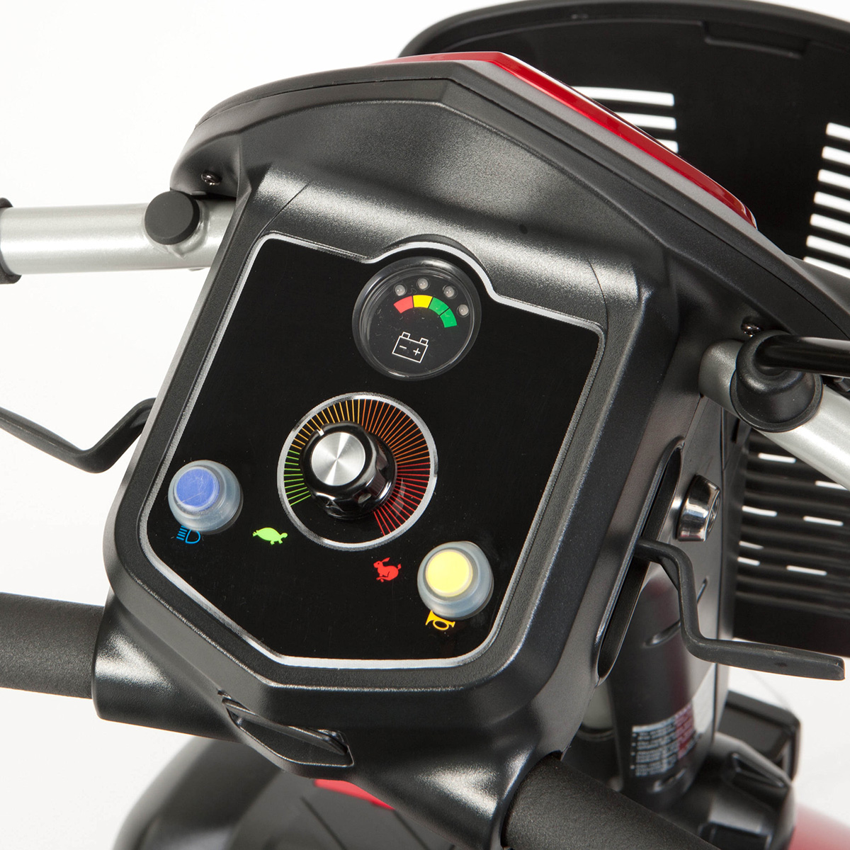 View of the tiller and controls of the Drive Envoy 4 mobility scooter